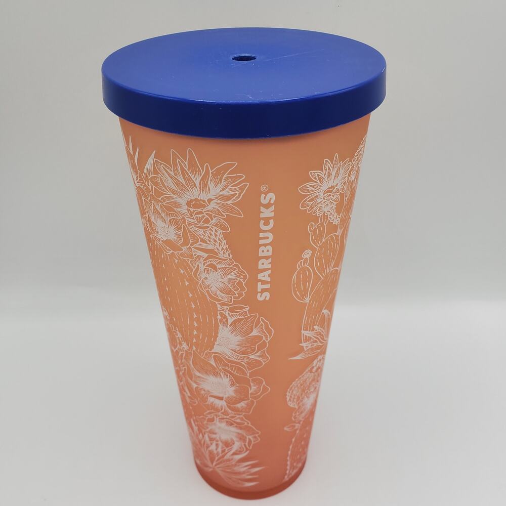 Starbucks Matte Coral Floral Cactus Cold Cup Tumbler Cup 24oz Venti